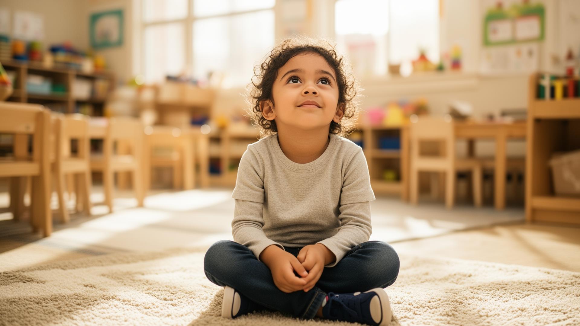 A focused preschool child sitting on a mat, looking up attentively