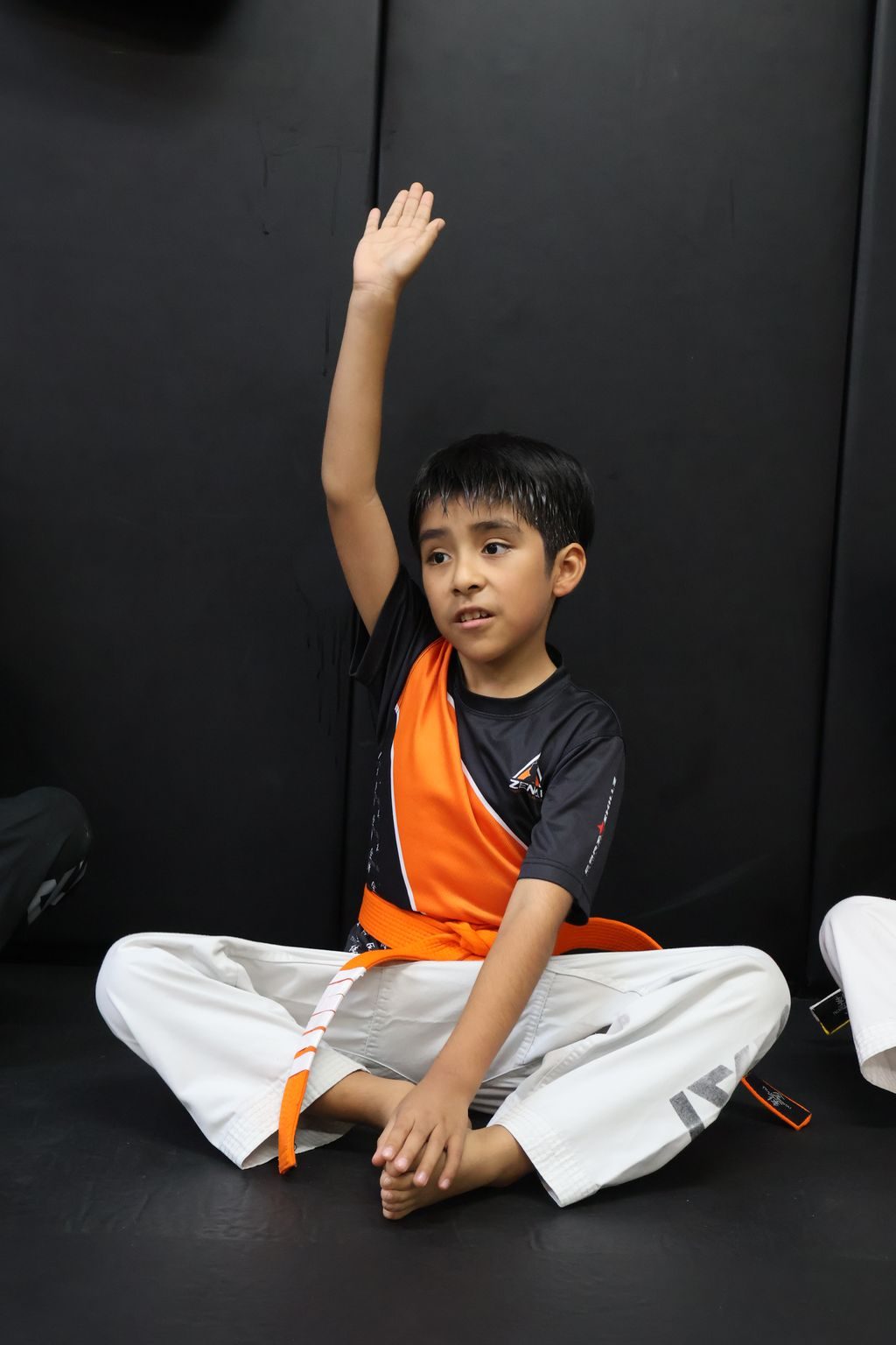 Boy raising his hand eagerly at ZENTAI Martial Arts in North Arlington, NJ